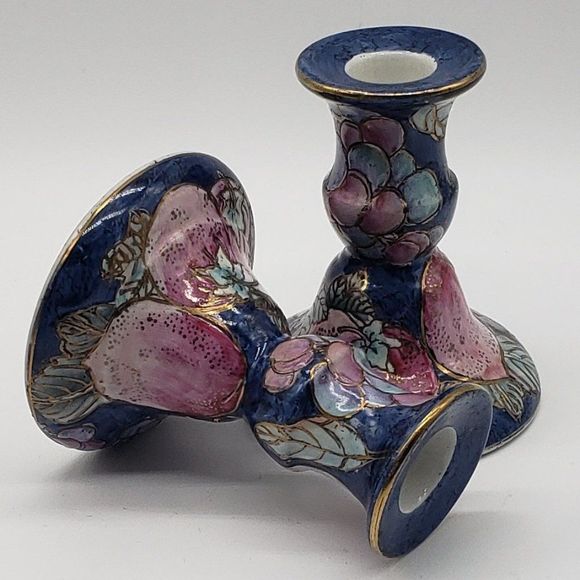 Toyo Porcelain Hand Painted Lilac Blue Gold Fruit Candle Holders - Picture 8 of 12